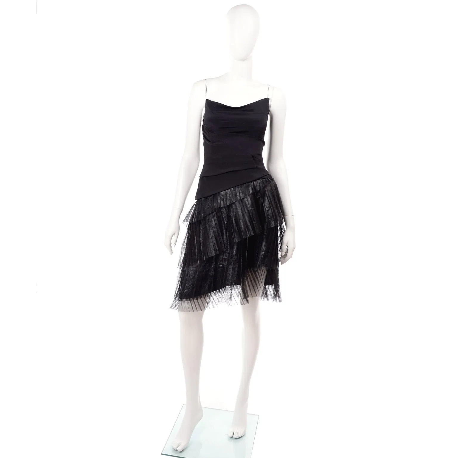 1990s Danes Documented Black Evening Dress w/ Pleated Metallic Tulle Skirt