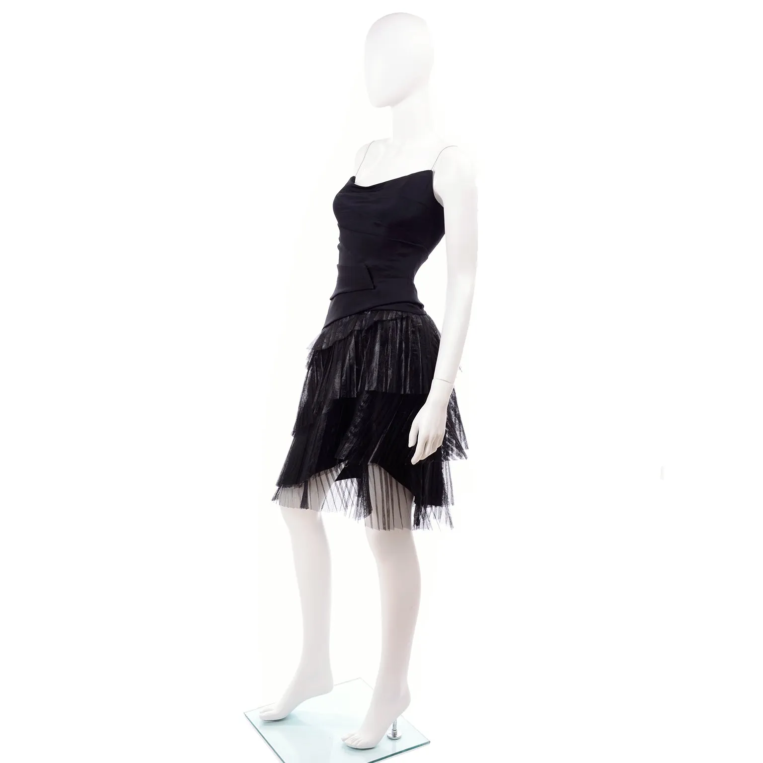 1990s Danes Documented Black Evening Dress w/ Pleated Metallic Tulle Skirt