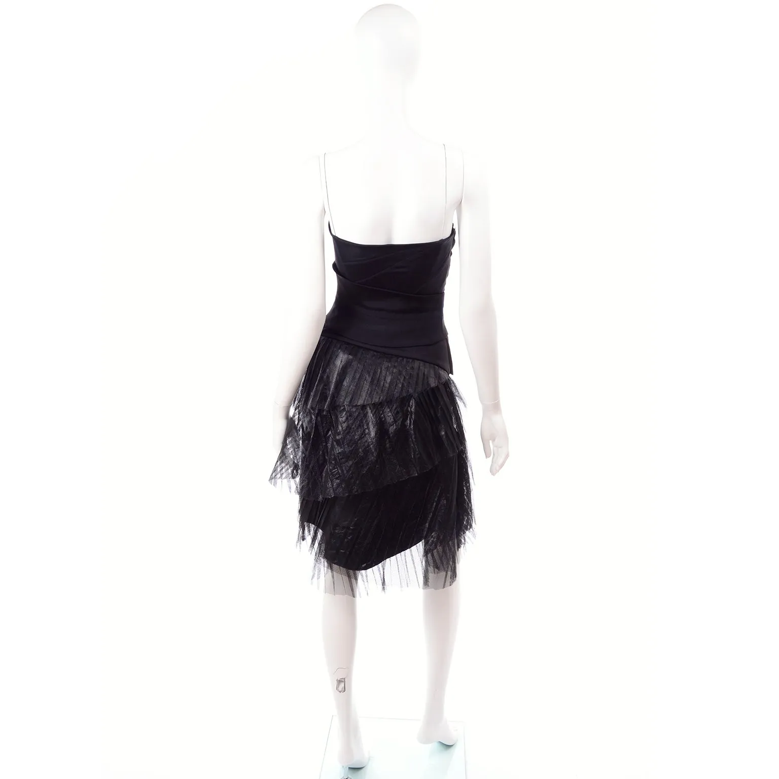 1990s Danes Documented Black Evening Dress w/ Pleated Metallic Tulle Skirt