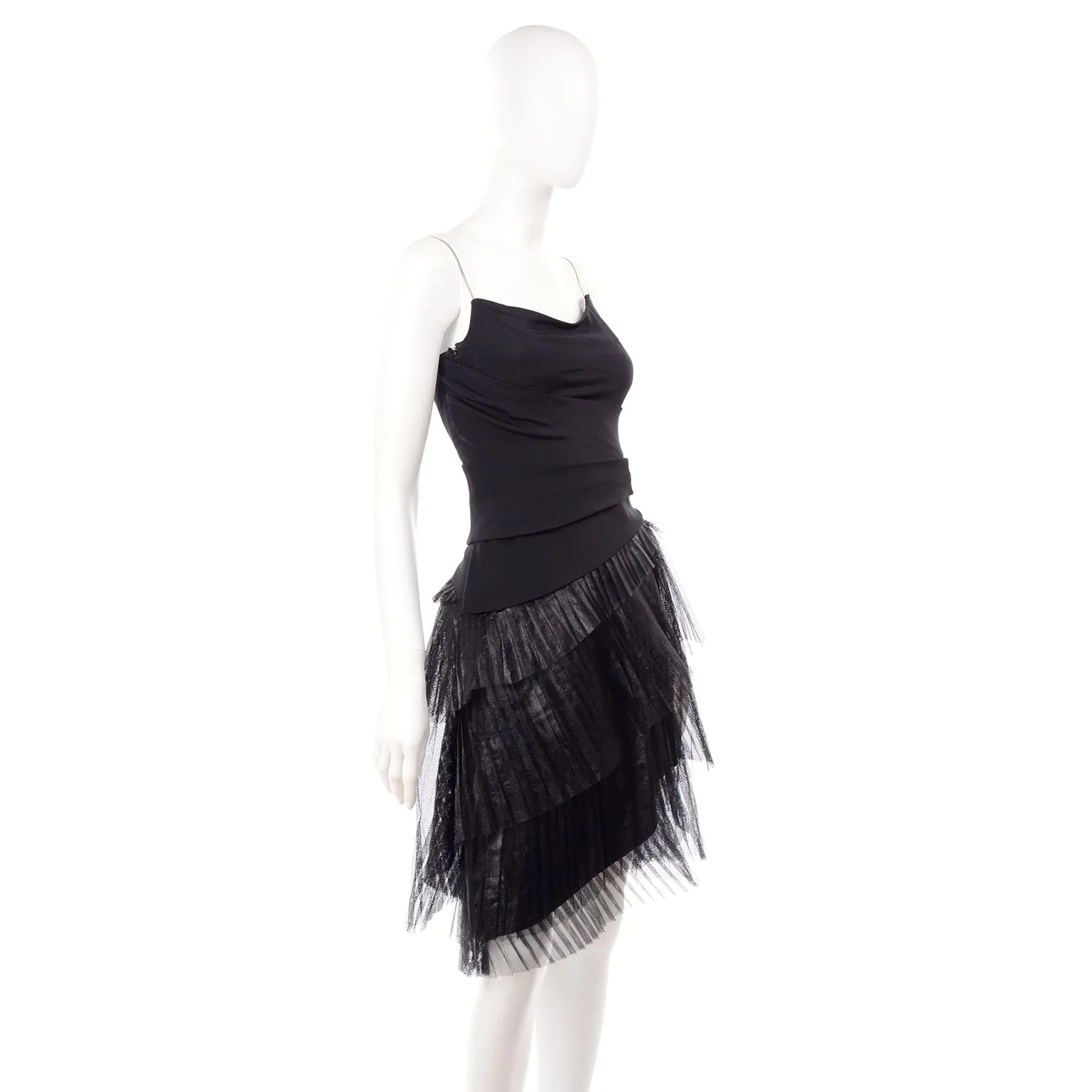 1990s Danes Documented Black Evening Dress w/ Pleated Metallic Tulle Skirt