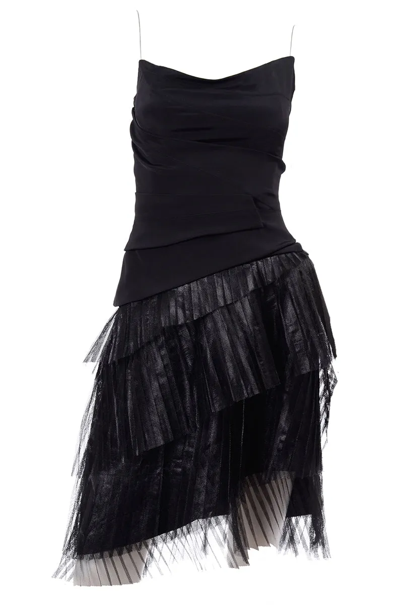 1990s Danes Documented Black Evening Dress w/ Pleated Metallic Tulle Skirt