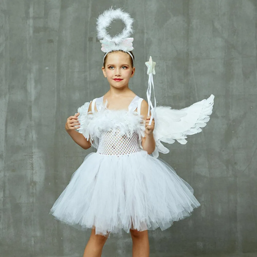 2-12 Halloween Party Cosplay Angel White Mesh Girl Princess Dress Children's Performance Fluffy Dress