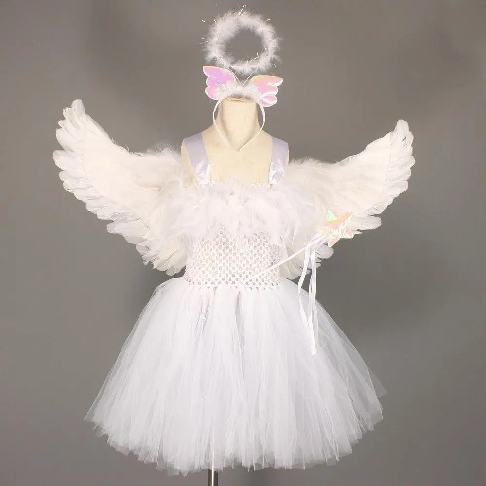 2-12 Halloween Party Cosplay Angel White Mesh Girl Princess Dress Children's Performance Fluffy Dress