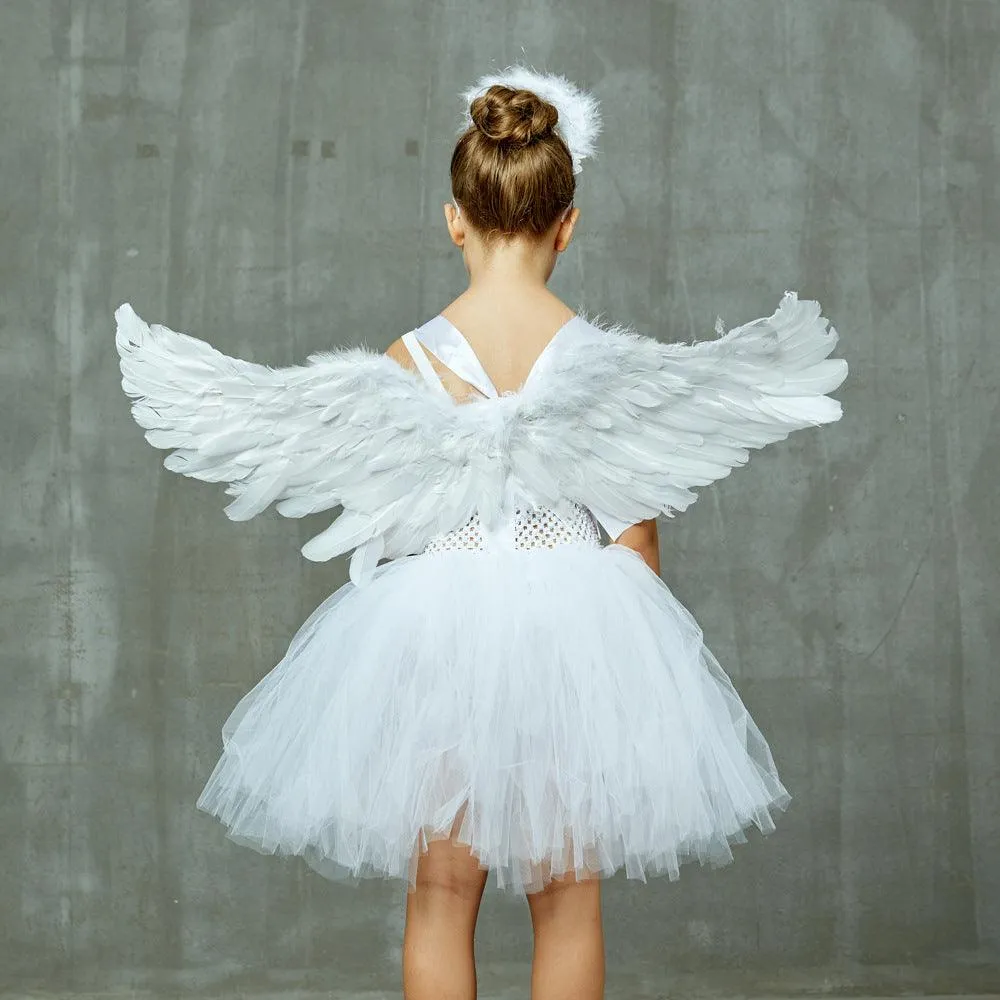 2-12 Halloween Party Cosplay Angel White Mesh Girl Princess Dress Children's Performance Fluffy Dress