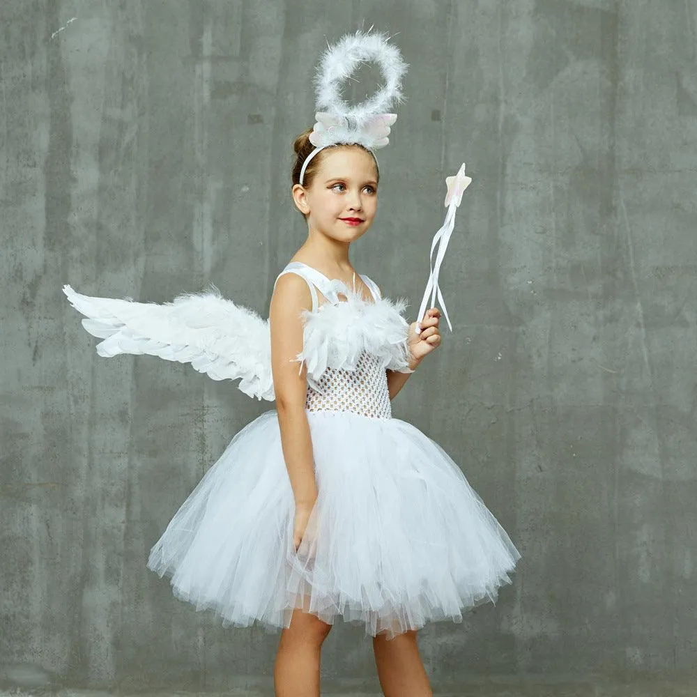 2-12 Halloween Party Cosplay Angel White Mesh Girl Princess Dress Children's Performance Fluffy Dress