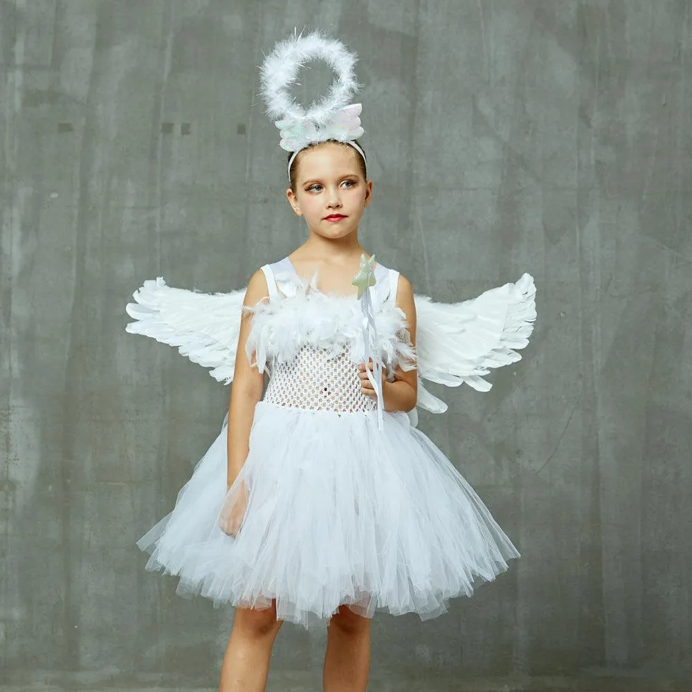 2-12 Halloween Party Cosplay Angel White Mesh Girl Princess Dress Children's Performance Fluffy Dress