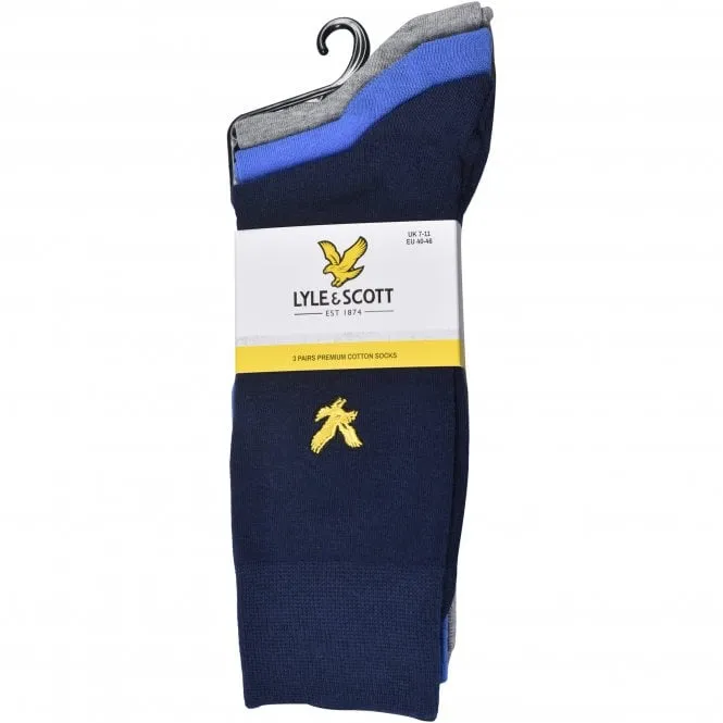 3-Pack Golden Eagle Logo Socks, Navy/Grey/Blue