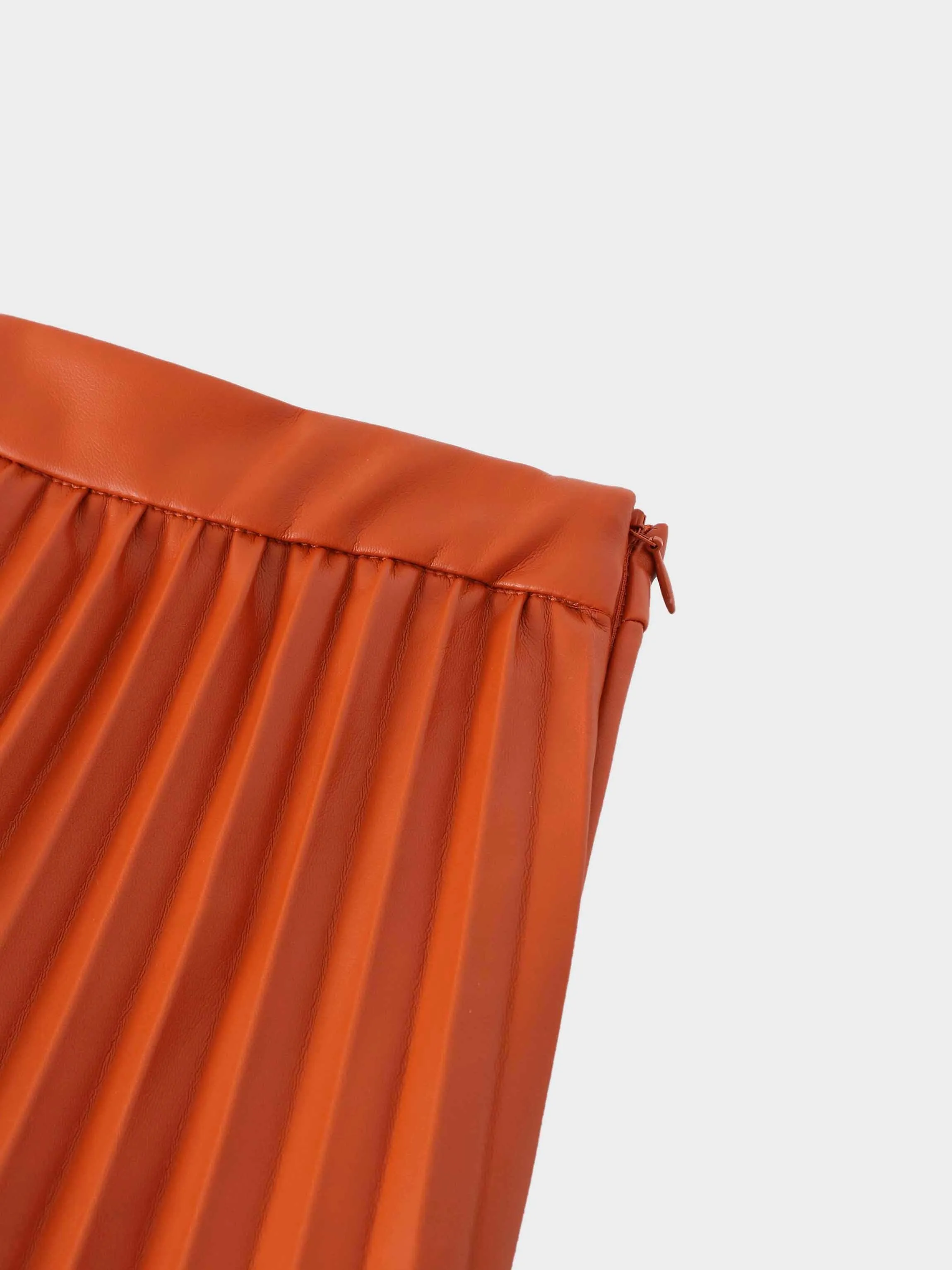 Accordion Pleated Faux Leather Skirt-Cognac