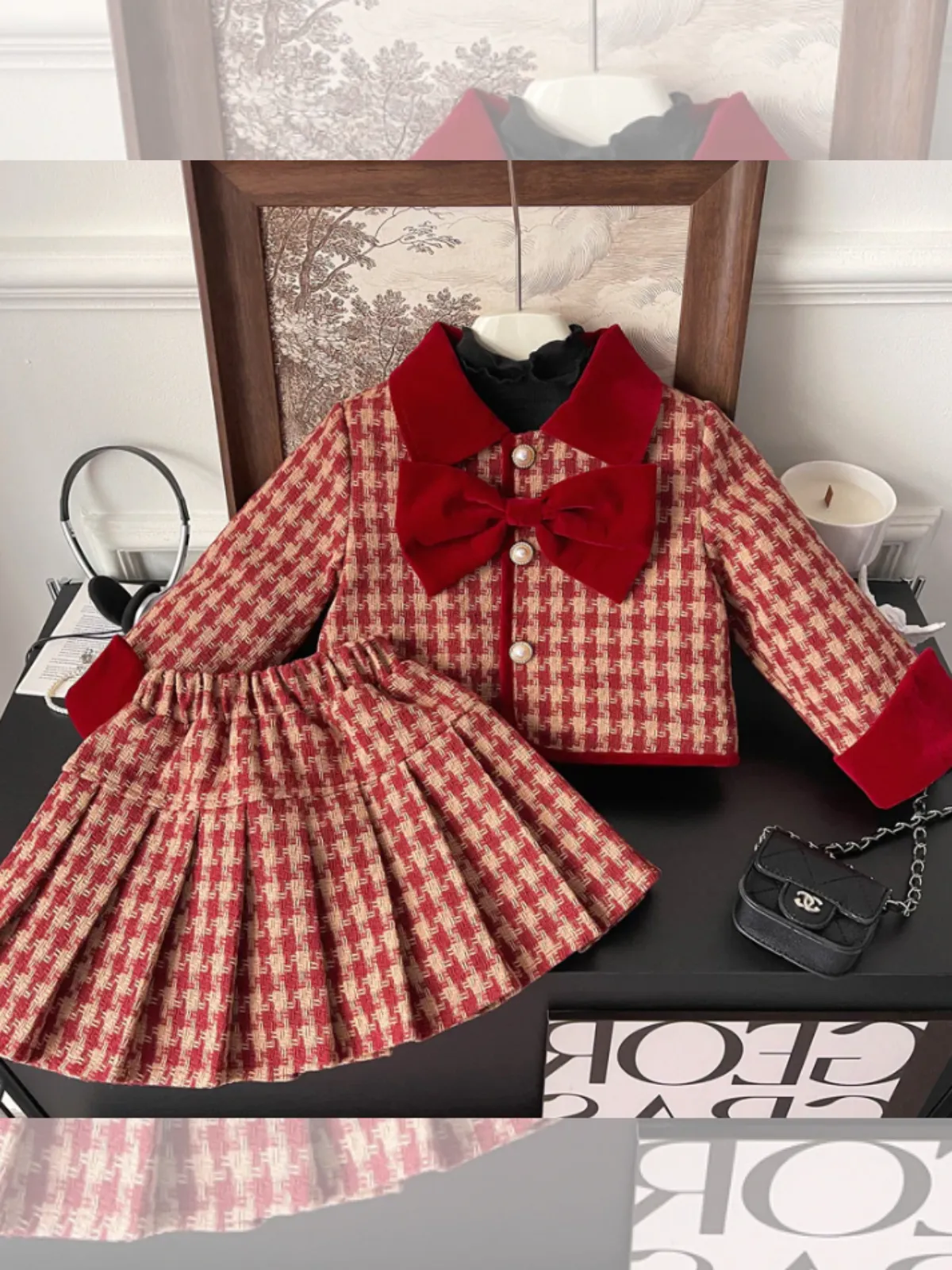 Adorable Red Velvet and Plaid Girls' Skirt and Jacket Set with Pearl Buttons