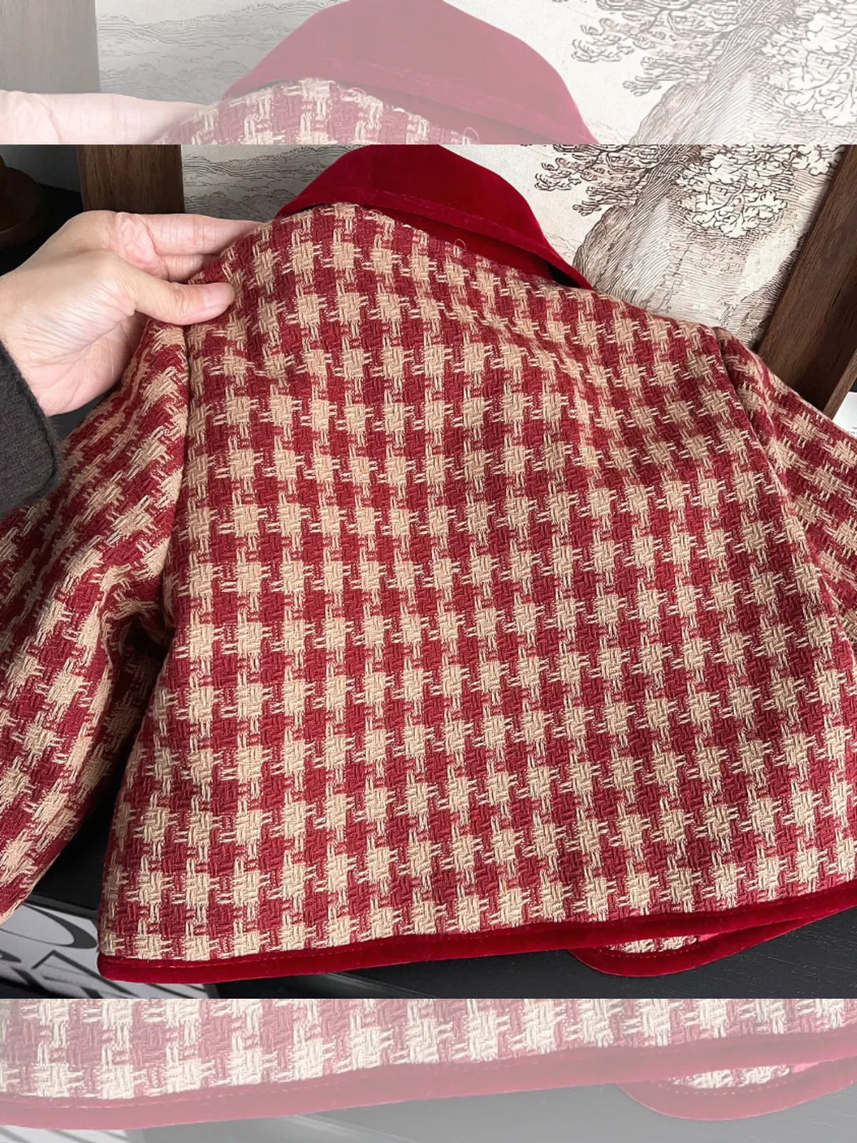 Adorable Red Velvet and Plaid Girls' Skirt and Jacket Set with Pearl Buttons