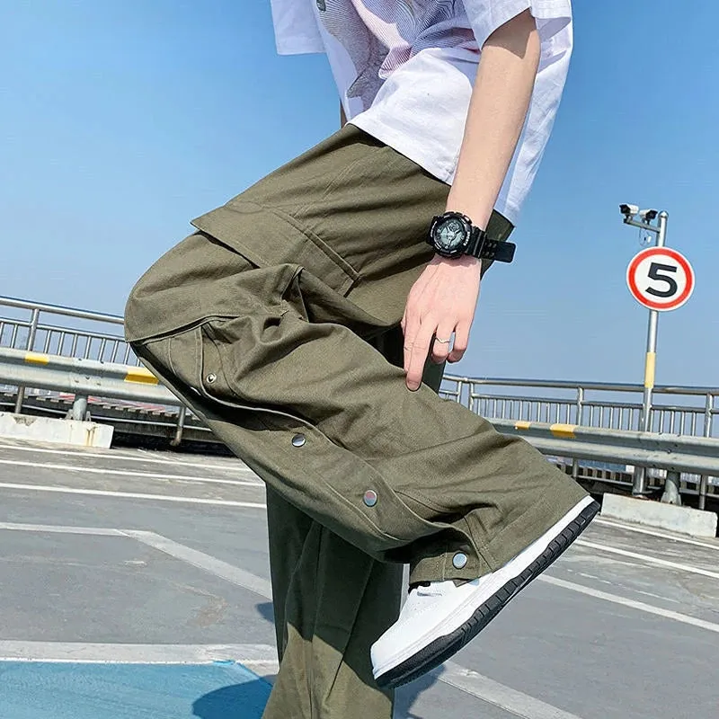 Advbridge  -  New Harajuku Style High Waist Cargo Pants For Men Solid Big Pockets Loose Wide Leg Trousers Men Straight Casual Pants