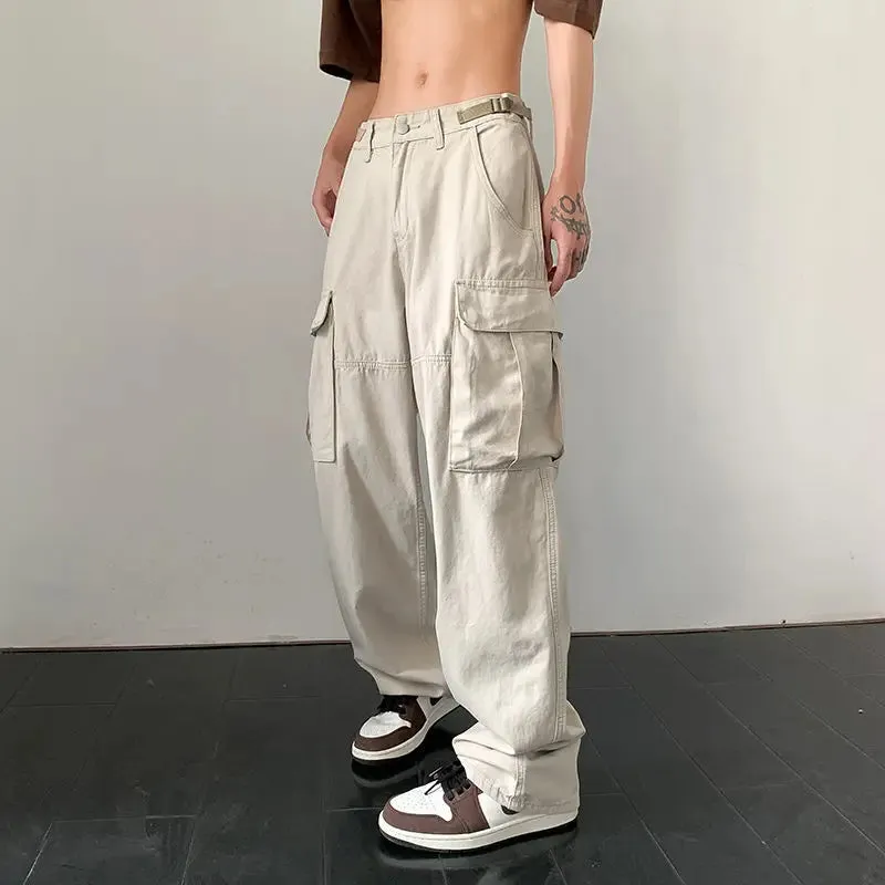 Advbridge  -  New Harajuku Style High Waist Cargo Pants For Men Solid Big Pockets Loose Wide Leg Trousers Men Straight Casual Pants