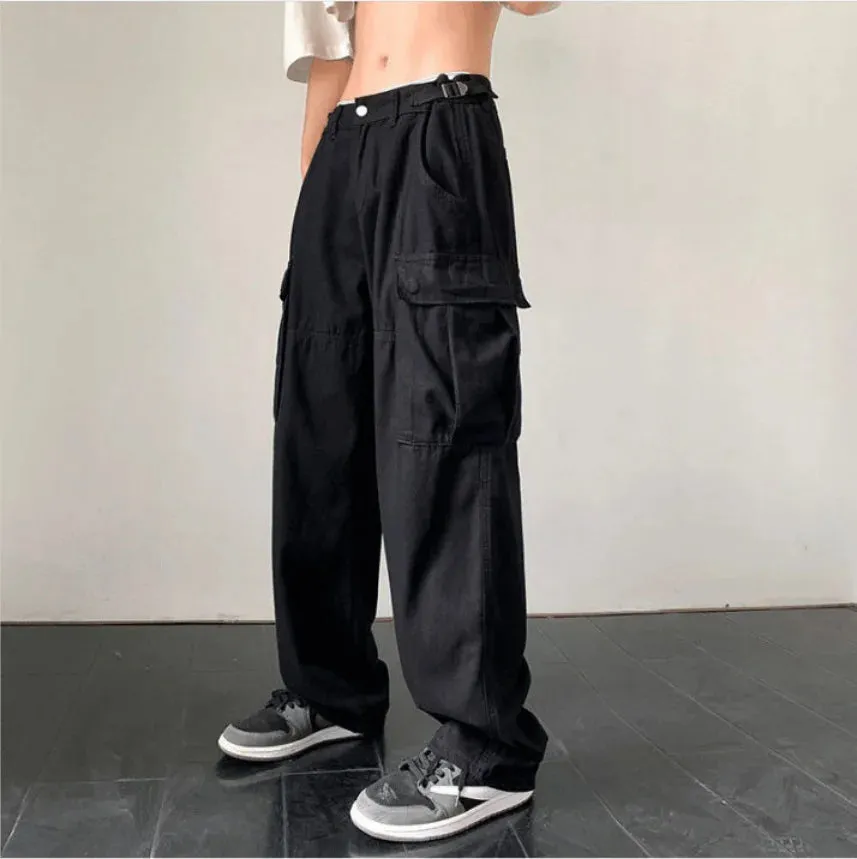 Advbridge  -  New Harajuku Style High Waist Cargo Pants For Men Solid Big Pockets Loose Wide Leg Trousers Men Straight Casual Pants