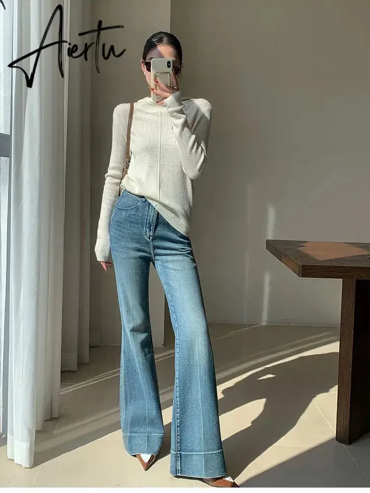 Aiertu Elegant Tall Girl Friendly Flared Jeans 90s Vintage Y2k Jeans Women Streetwear Korean Style Bootcut Pants High Waist Trousers