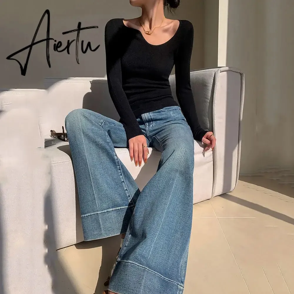 Aiertu Elegant Tall Girl Friendly Flared Jeans 90s Vintage Y2k Jeans Women Streetwear Korean Style Bootcut Pants High Waist Trousers