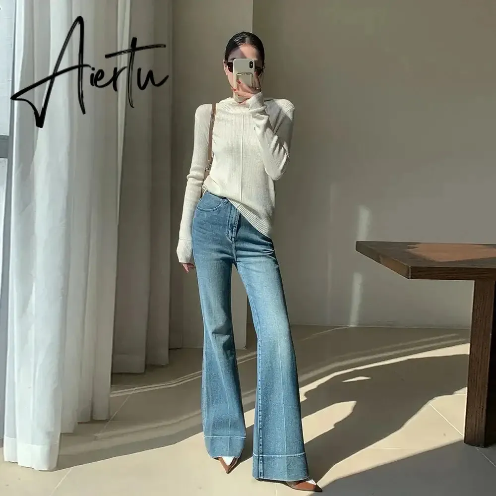 Aiertu Elegant Tall Girl Friendly Flared Jeans 90s Vintage Y2k Jeans Women Streetwear Korean Style Bootcut Pants High Waist Trousers