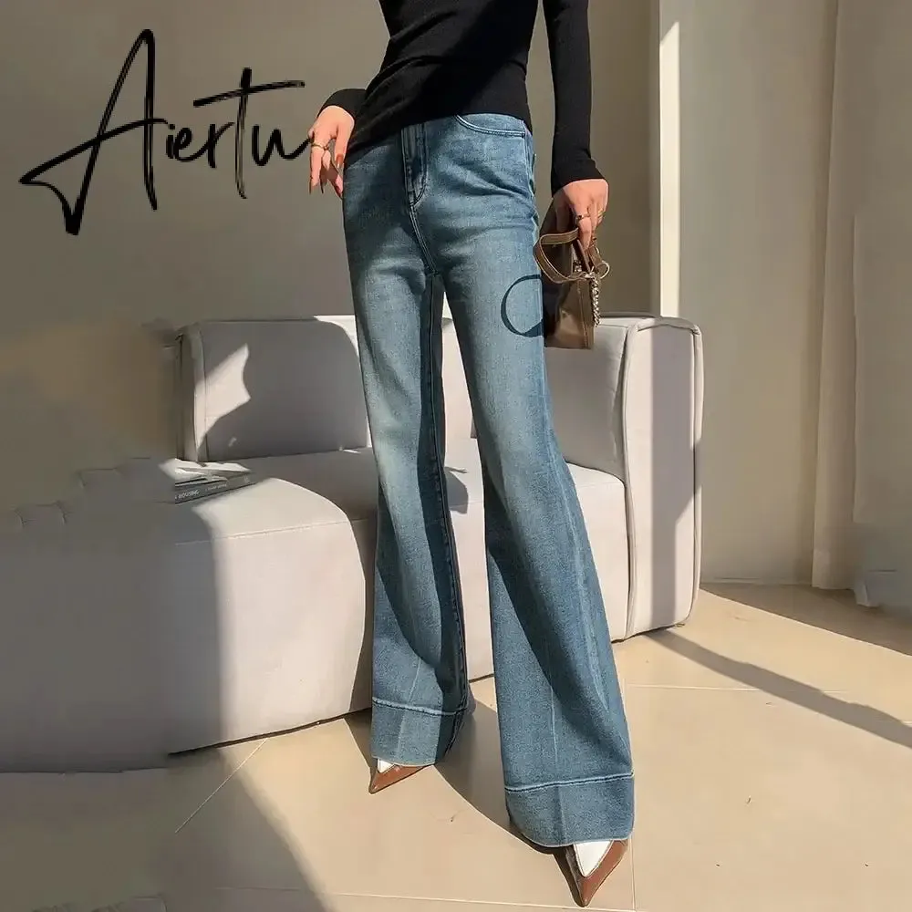 Aiertu Elegant Tall Girl Friendly Flared Jeans 90s Vintage Y2k Jeans Women Streetwear Korean Style Bootcut Pants High Waist Trousers