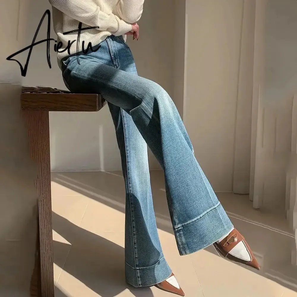 Aiertu Elegant Tall Girl Friendly Flared Jeans 90s Vintage Y2k Jeans Women Streetwear Korean Style Bootcut Pants High Waist Trousers