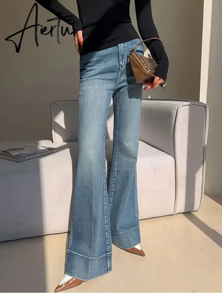 Aiertu Elegant Tall Girl Friendly Flared Jeans 90s Vintage Y2k Jeans Women Streetwear Korean Style Bootcut Pants High Waist Trousers