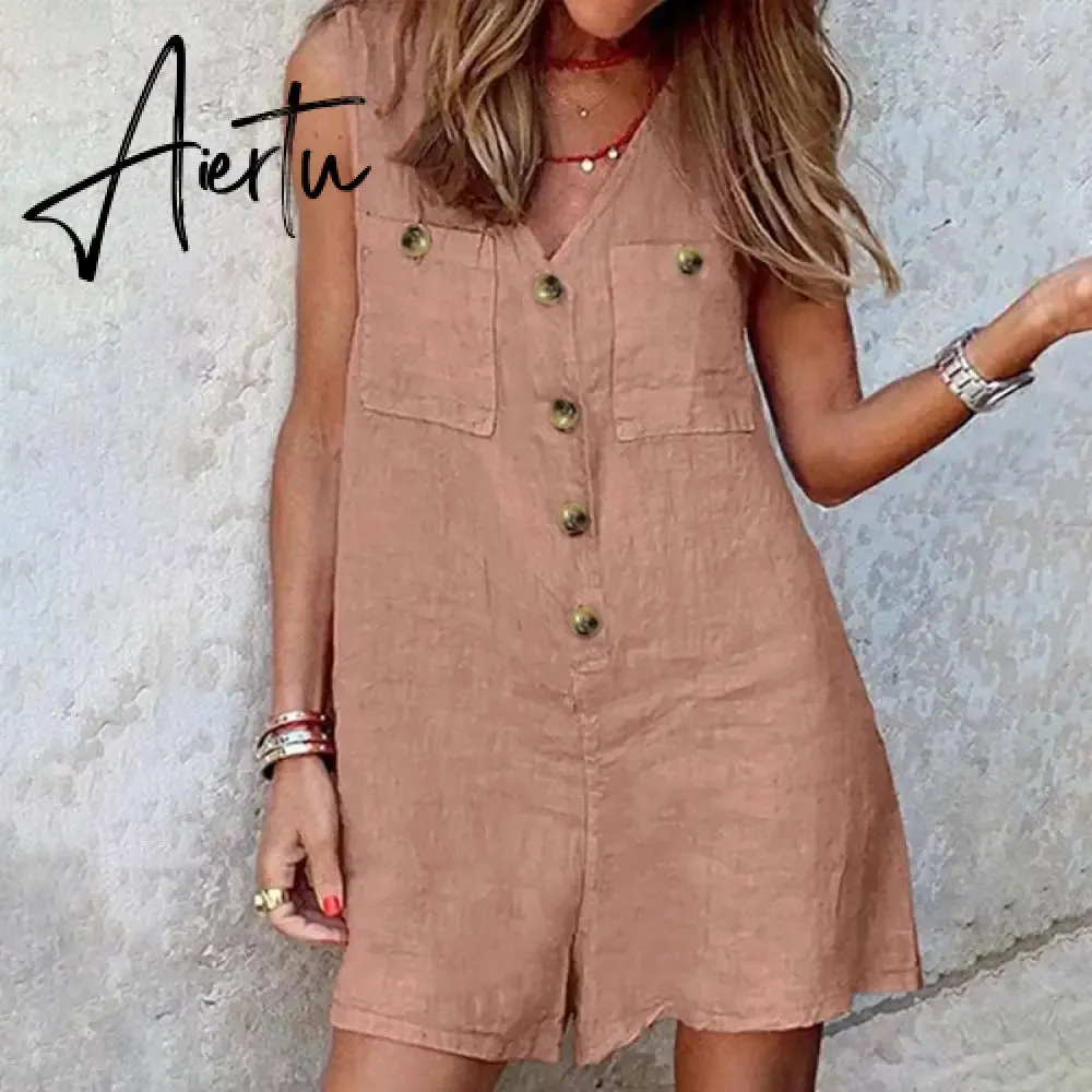 Aiertu  Stylish Women V Neck Sleeveless Rompers Summer Jumpsuits Short Playsuits Casual Solid Loose Beach Overalls Oversized