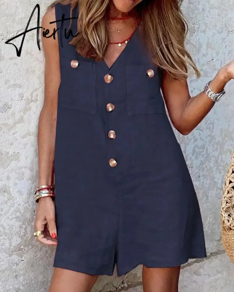 Aiertu  Stylish Women V Neck Sleeveless Rompers Summer Jumpsuits Short Playsuits Casual Solid Loose Beach Overalls Oversized