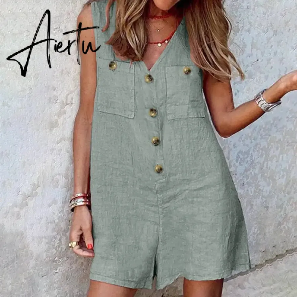 Aiertu  Stylish Women V Neck Sleeveless Rompers Summer Jumpsuits Short Playsuits Casual Solid Loose Beach Overalls Oversized