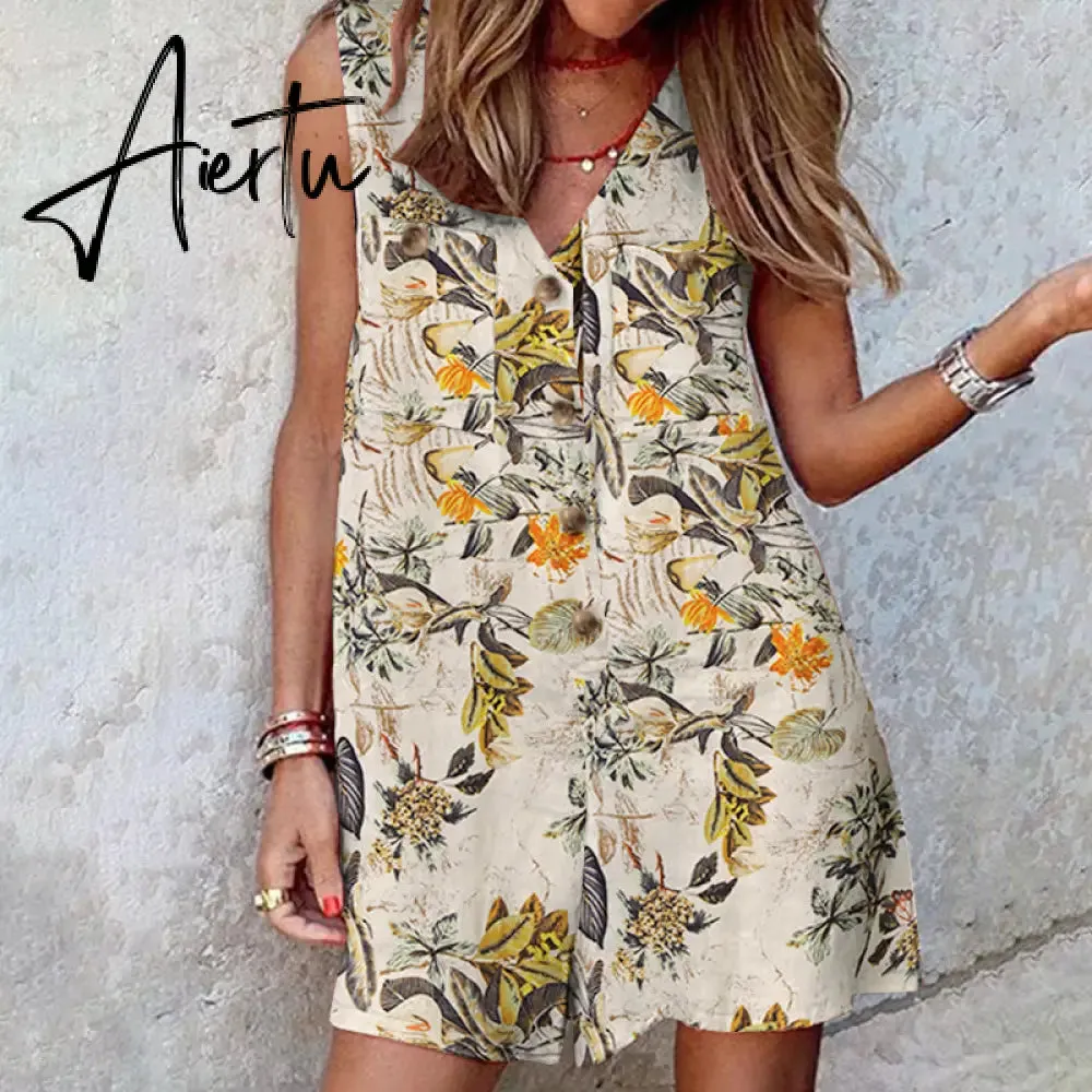 Aiertu  Stylish Women V Neck Sleeveless Rompers Summer Jumpsuits Short Playsuits Casual Solid Loose Beach Overalls Oversized