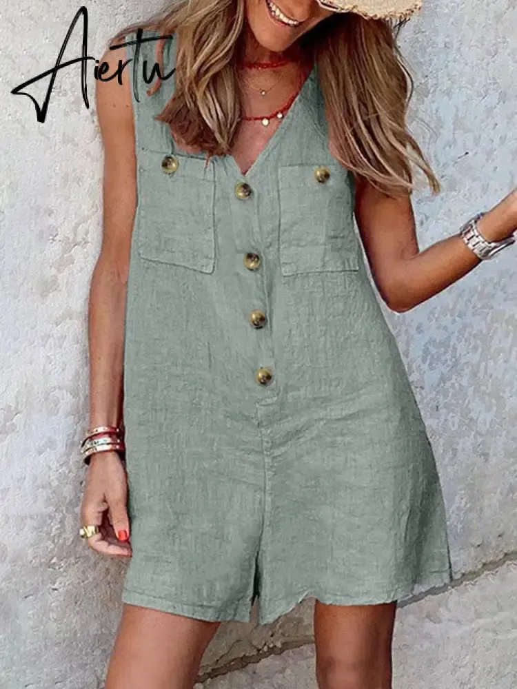 Aiertu  Stylish Women V Neck Sleeveless Rompers Summer Jumpsuits Short Playsuits Casual Solid Loose Beach Overalls Oversized