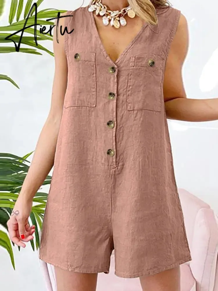 Aiertu  Stylish Women V Neck Sleeveless Rompers Summer Jumpsuits Short Playsuits Casual Solid Loose Beach Overalls Oversized