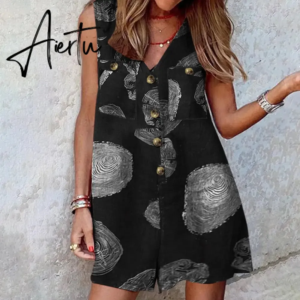 Aiertu  Stylish Women V Neck Sleeveless Rompers Summer Jumpsuits Short Playsuits Casual Solid Loose Beach Overalls Oversized