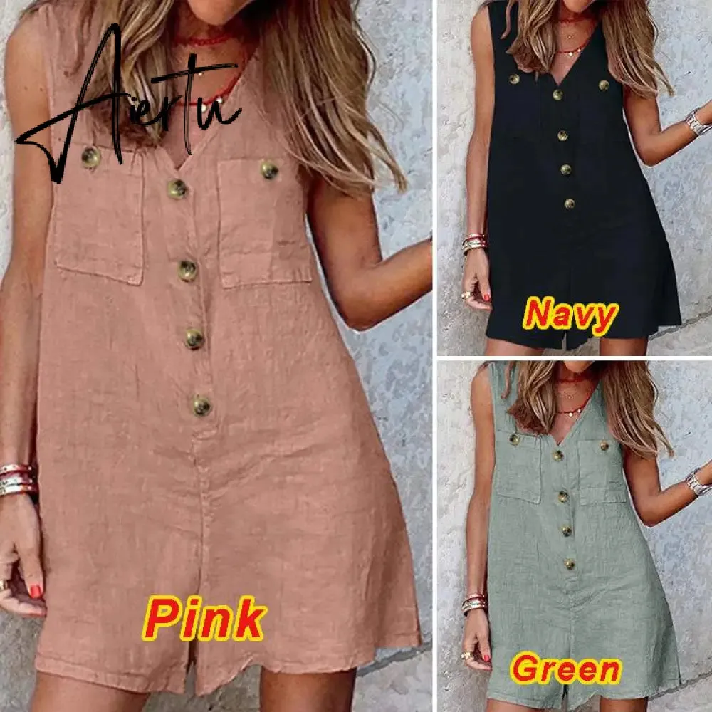 Aiertu  Stylish Women V Neck Sleeveless Rompers Summer Jumpsuits Short Playsuits Casual Solid Loose Beach Overalls Oversized