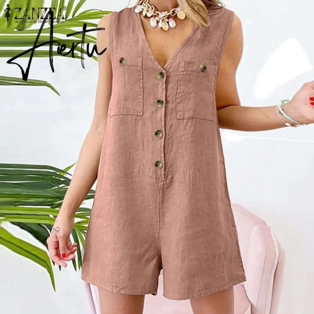 Aiertu  Stylish Women V Neck Sleeveless Rompers Summer Jumpsuits Short Playsuits Casual Solid Loose Beach Overalls Oversized