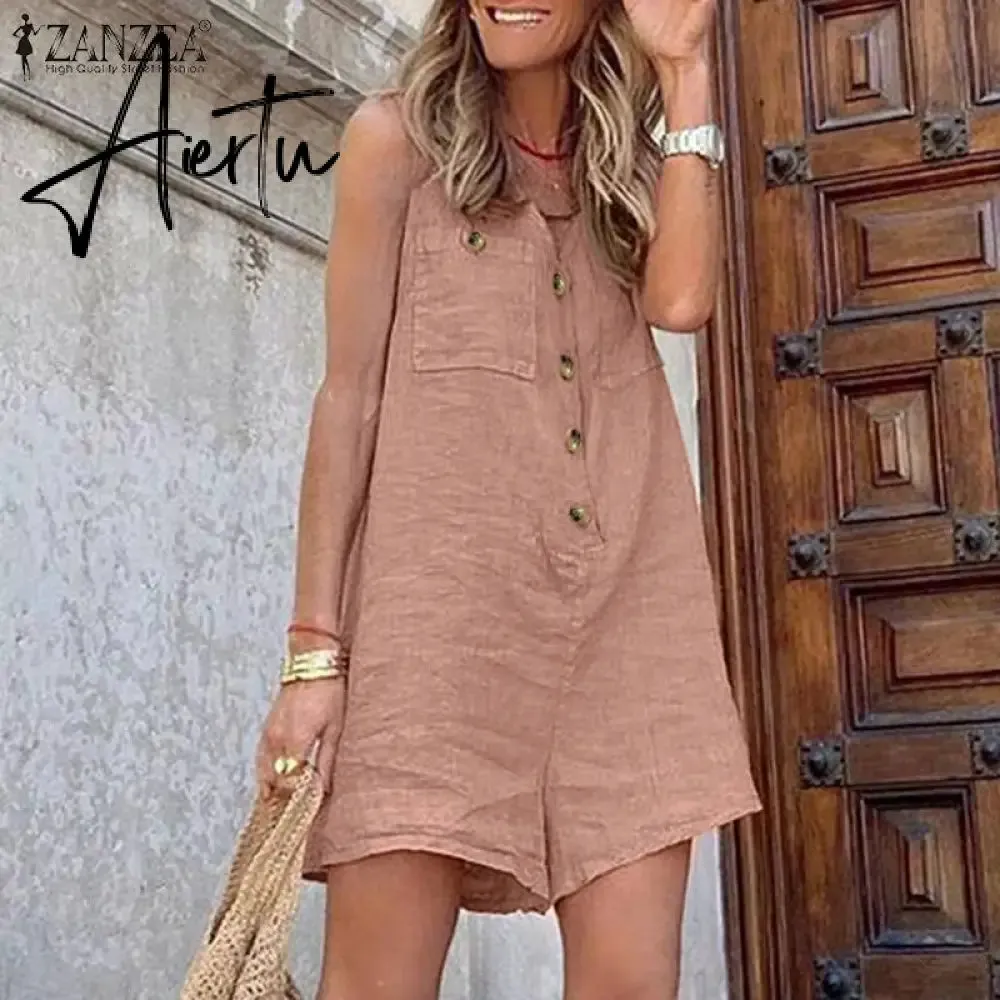 Aiertu  Stylish Women V Neck Sleeveless Rompers Summer Jumpsuits Short Playsuits Casual Solid Loose Beach Overalls Oversized