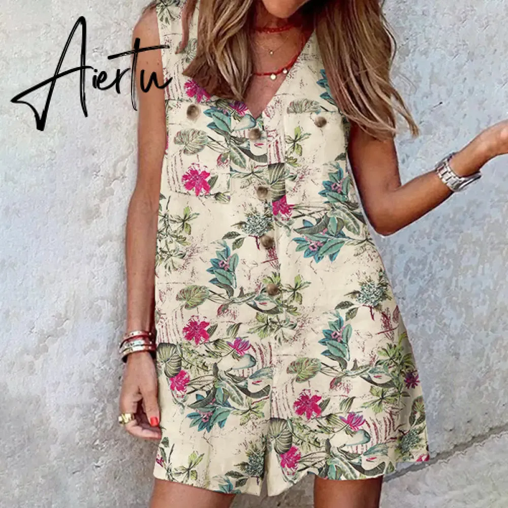 Aiertu  Stylish Women V Neck Sleeveless Rompers Summer Jumpsuits Short Playsuits Casual Solid Loose Beach Overalls Oversized