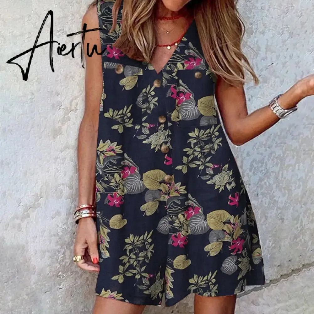 Aiertu  Stylish Women V Neck Sleeveless Rompers Summer Jumpsuits Short Playsuits Casual Solid Loose Beach Overalls Oversized