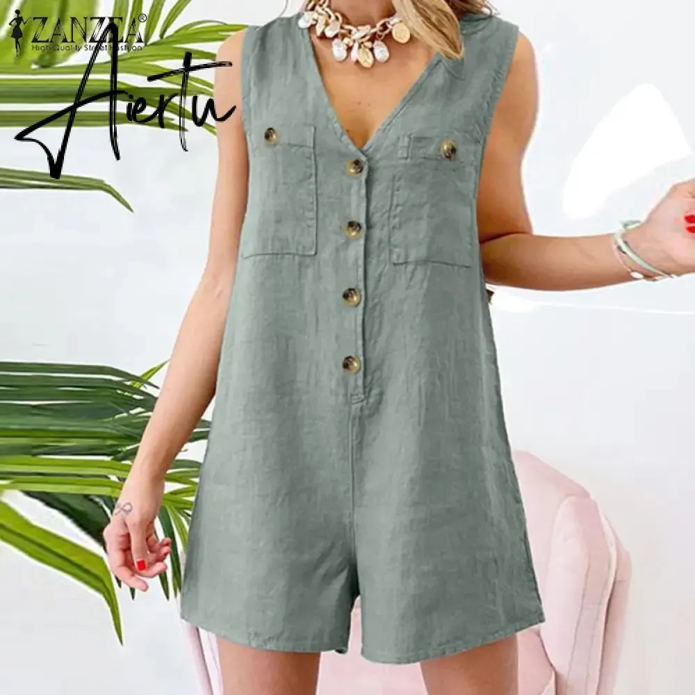 Aiertu  Stylish Women V Neck Sleeveless Rompers Summer Jumpsuits Short Playsuits Casual Solid Loose Beach Overalls Oversized