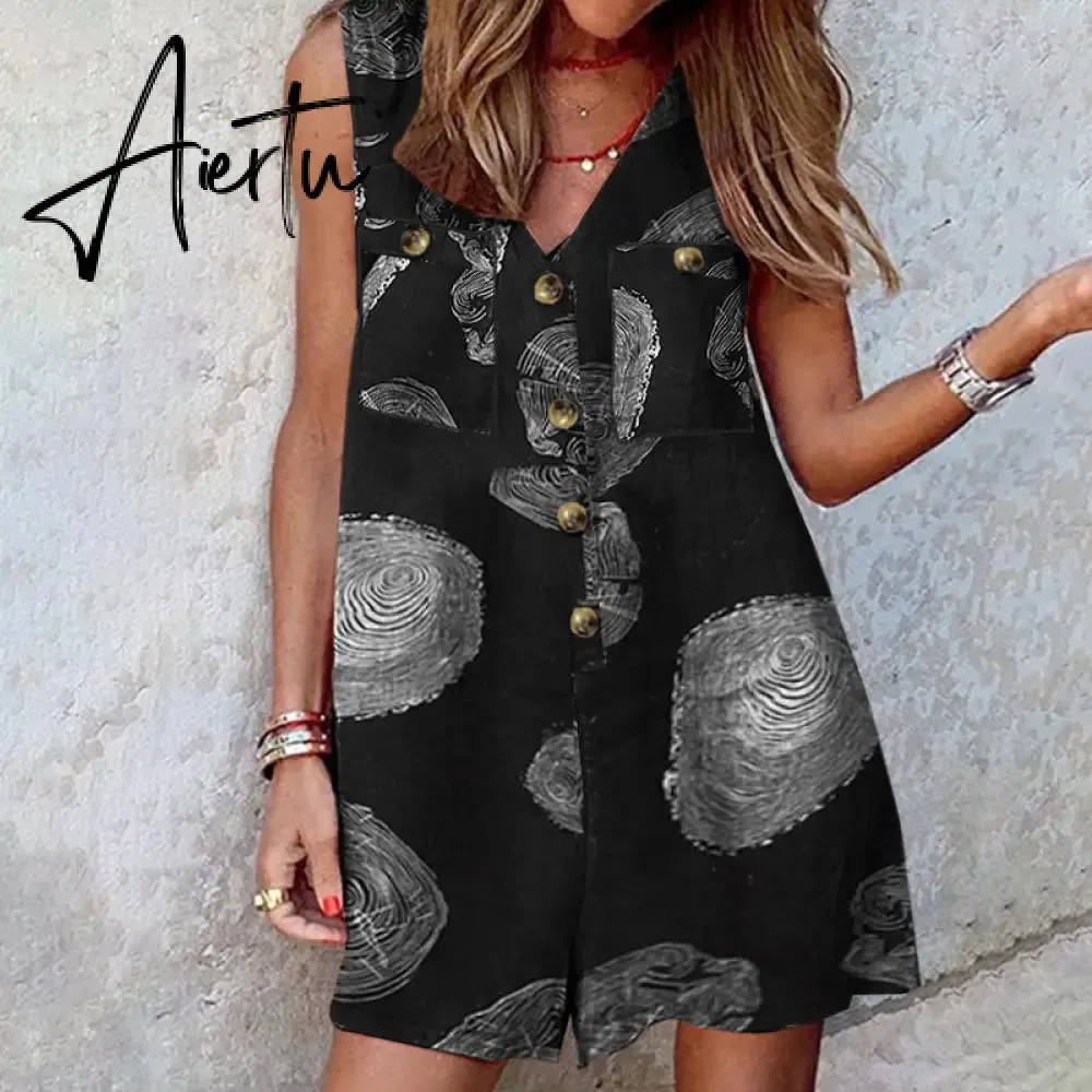 Aiertu  Stylish Women V Neck Sleeveless Rompers Summer Jumpsuits Short Playsuits Casual Solid Loose Beach Overalls Oversized