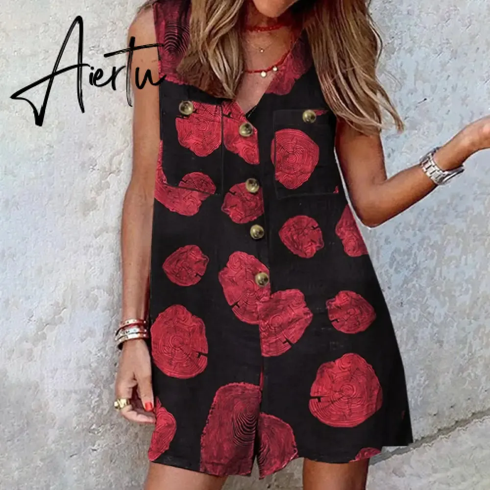 Aiertu  Stylish Women V Neck Sleeveless Rompers Summer Jumpsuits Short Playsuits Casual Solid Loose Beach Overalls Oversized