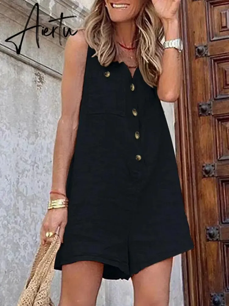 Aiertu  Stylish Women V Neck Sleeveless Rompers Summer Jumpsuits Short Playsuits Casual Solid Loose Beach Overalls Oversized