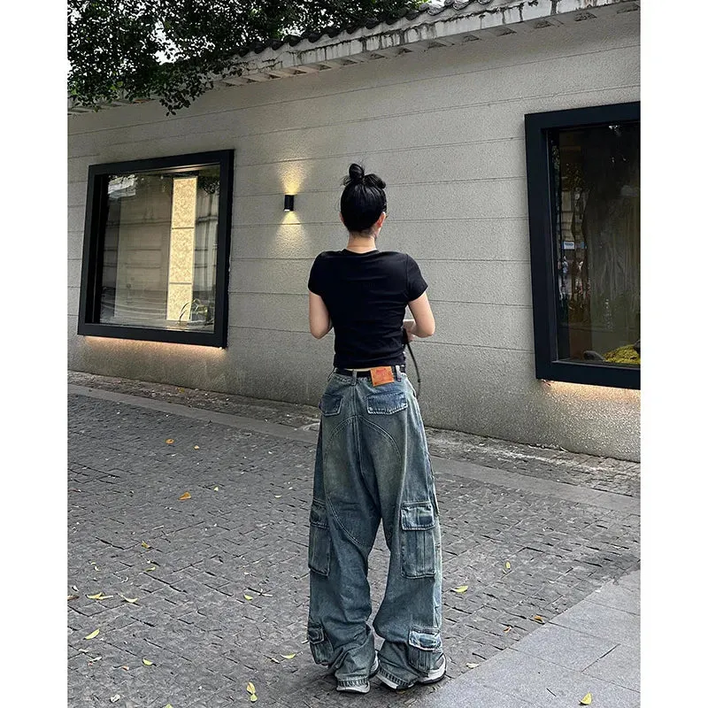 Aiertu Women's Y2k Blue Cargo Jeans Baggy 2000s Trashy Aesthetic Streetwear Oversize Denim Trousers Harajuku Jean Pants Vintage Clothes