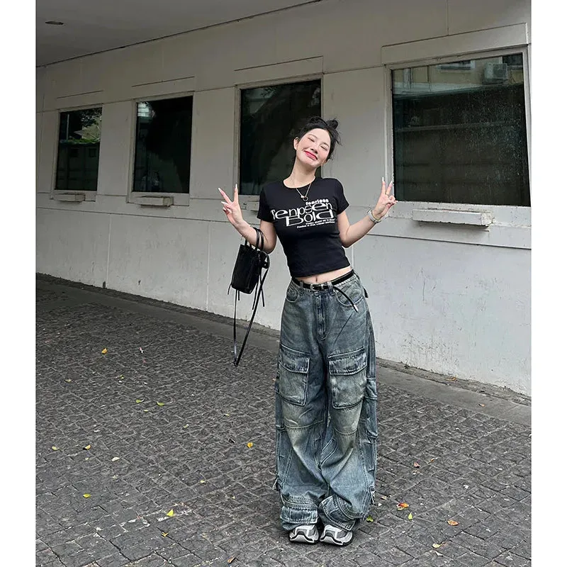 Aiertu Women's Y2k Blue Cargo Jeans Baggy 2000s Trashy Aesthetic Streetwear Oversize Denim Trousers Harajuku Jean Pants Vintage Clothes