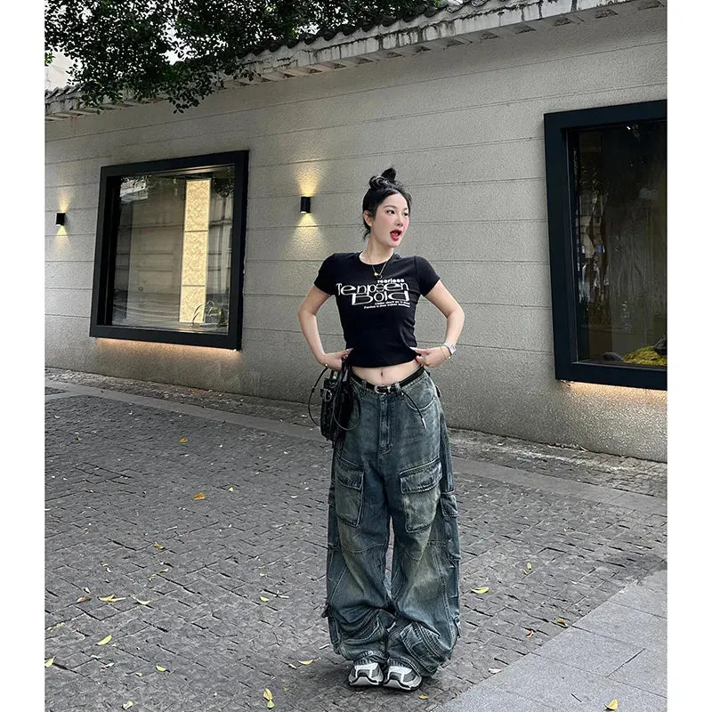 Aiertu Women's Y2k Blue Cargo Jeans Baggy 2000s Trashy Aesthetic Streetwear Oversize Denim Trousers Harajuku Jean Pants Vintage Clothes