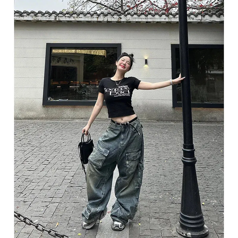 Aiertu Women's Y2k Blue Cargo Jeans Baggy 2000s Trashy Aesthetic Streetwear Oversize Denim Trousers Harajuku Jean Pants Vintage Clothes