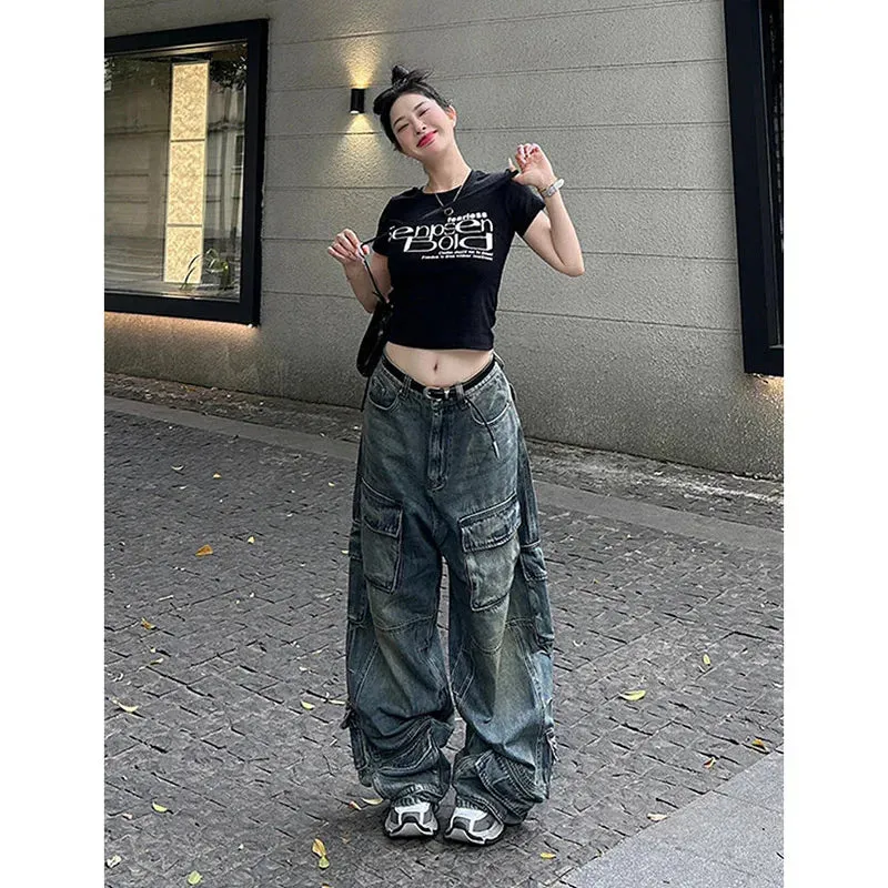 Aiertu Women's Y2k Blue Cargo Jeans Baggy 2000s Trashy Aesthetic Streetwear Oversize Denim Trousers Harajuku Jean Pants Vintage Clothes