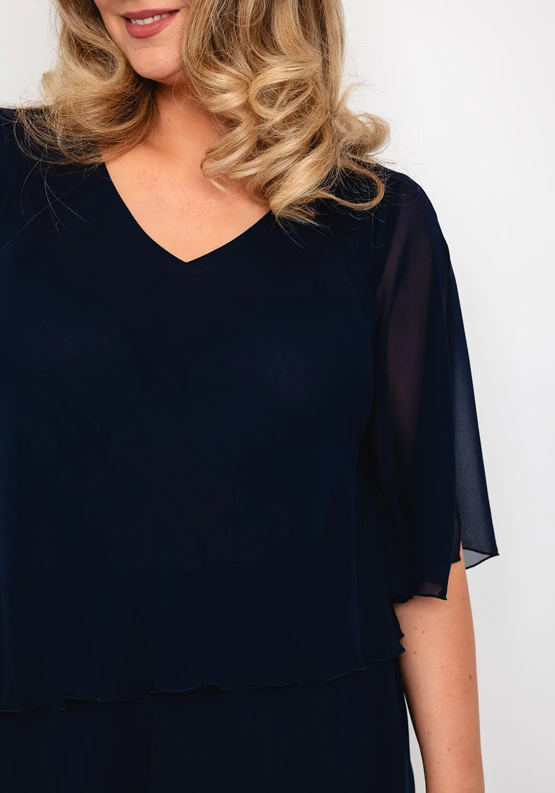 Allison Chiffon Layered Top & Skirt Two Piece, Navy