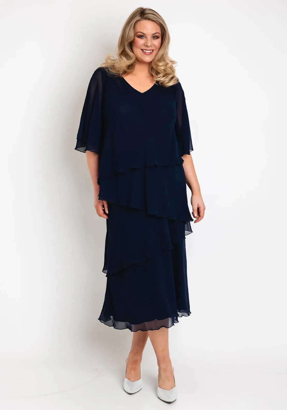 Allison Chiffon Layered Top & Skirt Two Piece, Navy