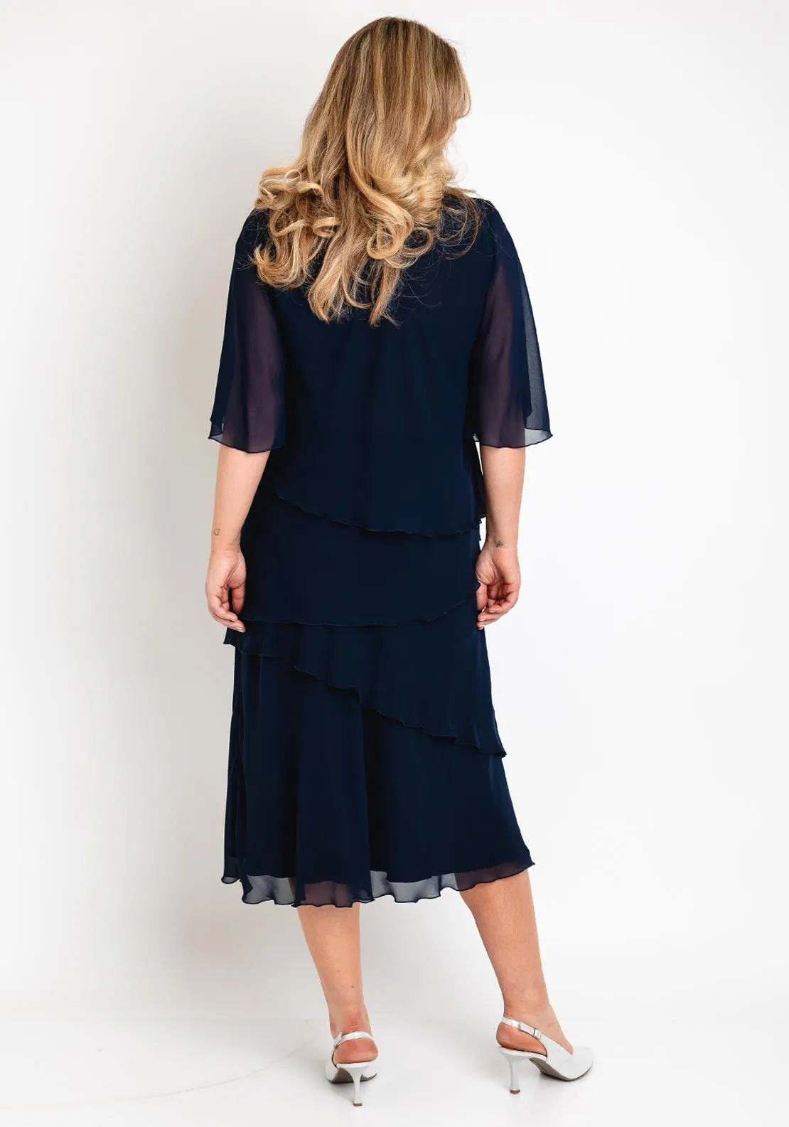 Allison Chiffon Layered Top & Skirt Two Piece, Navy