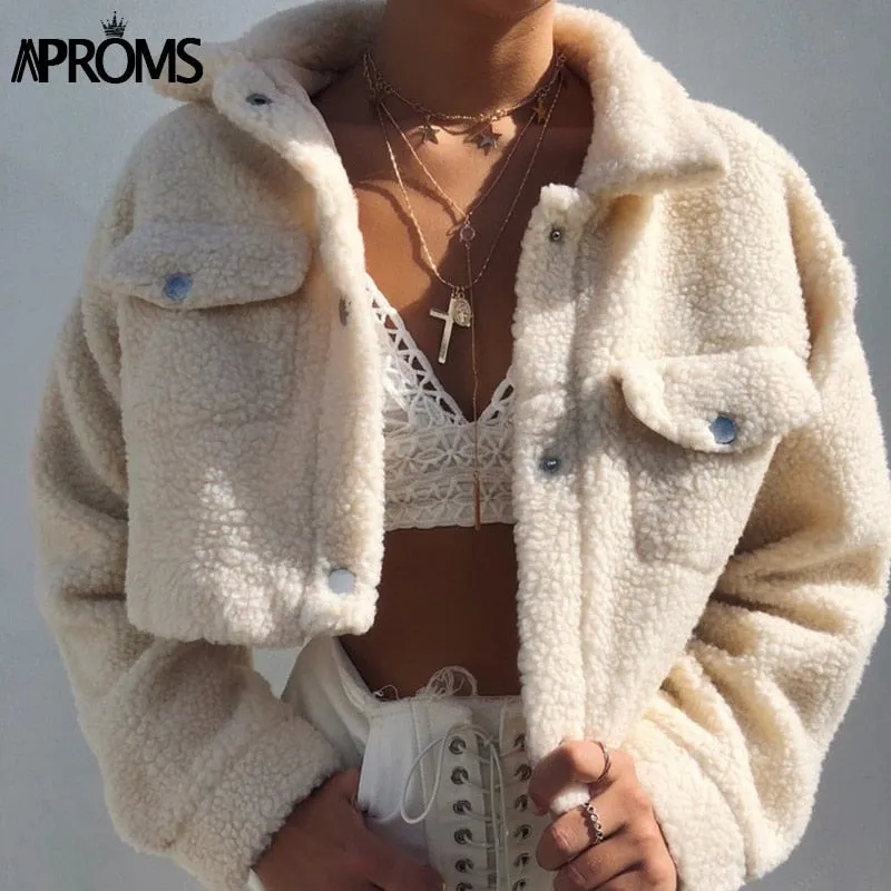 Aproms Elegant Solid Color Cropped Teddy Jacket Women Front Pockets Thick Warm Coat Jackets Female