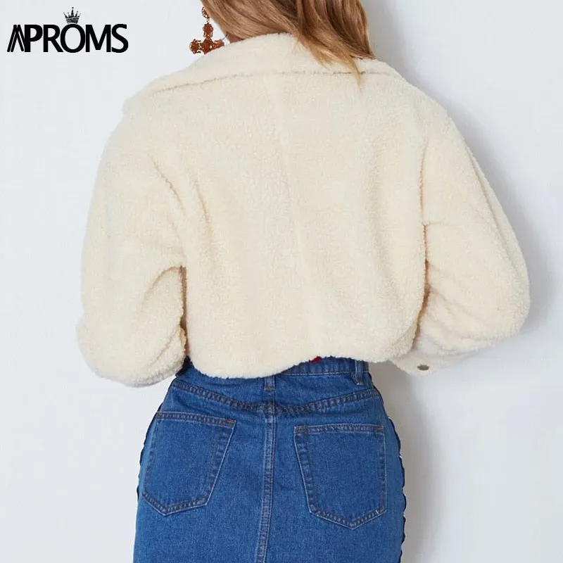 Aproms Elegant Solid Color Cropped Teddy Jacket Women Front Pockets Thick Warm Coat Jackets Female