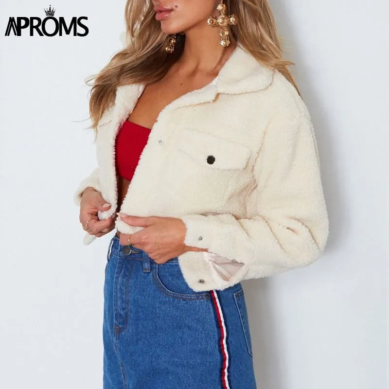 Aproms Elegant Solid Color Cropped Teddy Jacket Women Front Pockets Thick Warm Coat Jackets Female